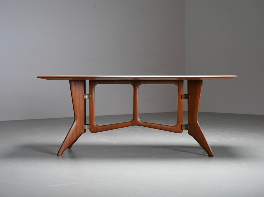 Ariberto Colombo Dining Room Table in Walnut, Glass and Brass, Italy, 1950's