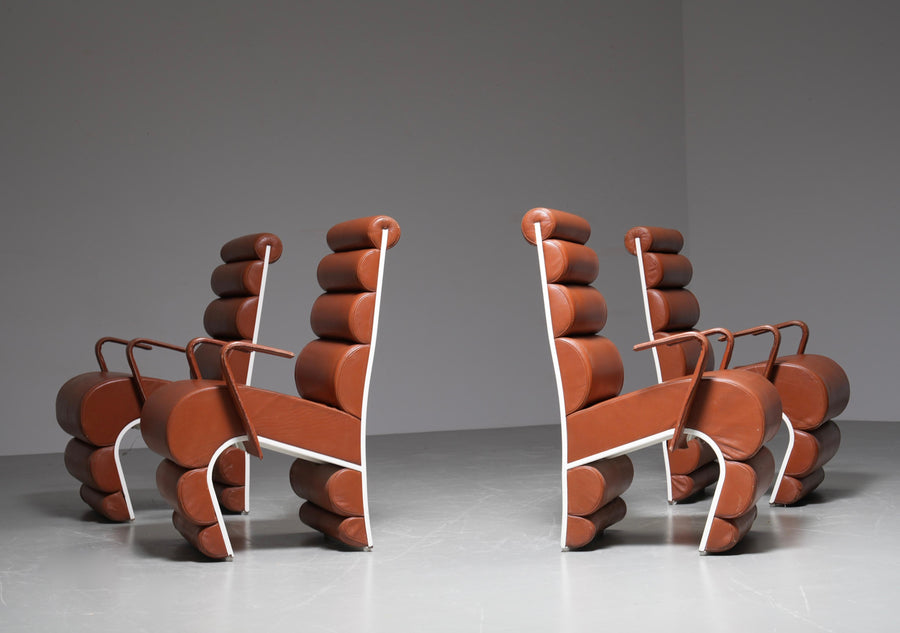 Set of 4 Armchairs in Metal and faux Leather, France, 1970s