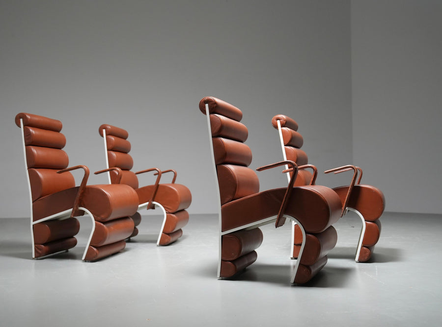 Set of 4 Armchairs in Metal and faux Leather, France, 1970s