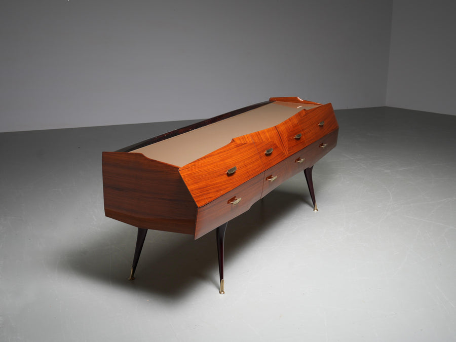 Italian Credenza with Mirror in Wood, Glass and Brass, Italy, 1960's