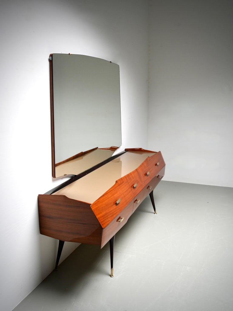 Italian Credenza with Mirror in Wood, Glass and Brass, Italy, 1960's