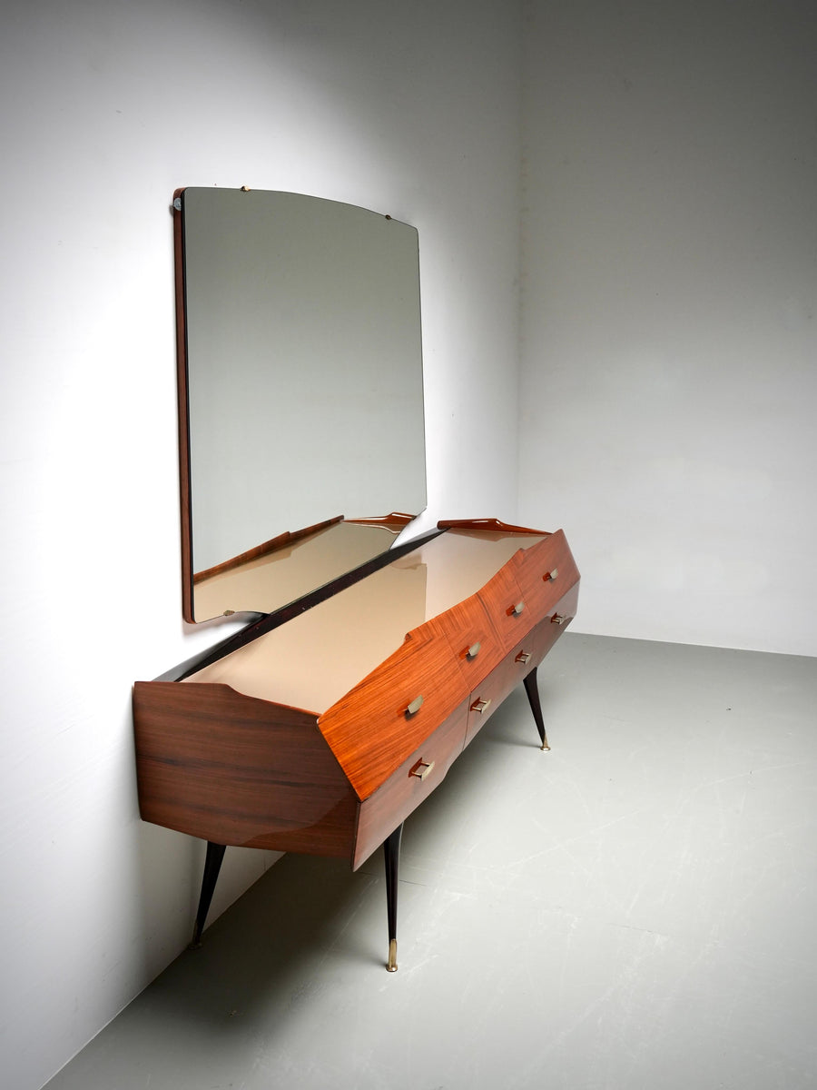 Italian Credenza with Mirror in Wood, Glass and Brass, Italy, 1960's