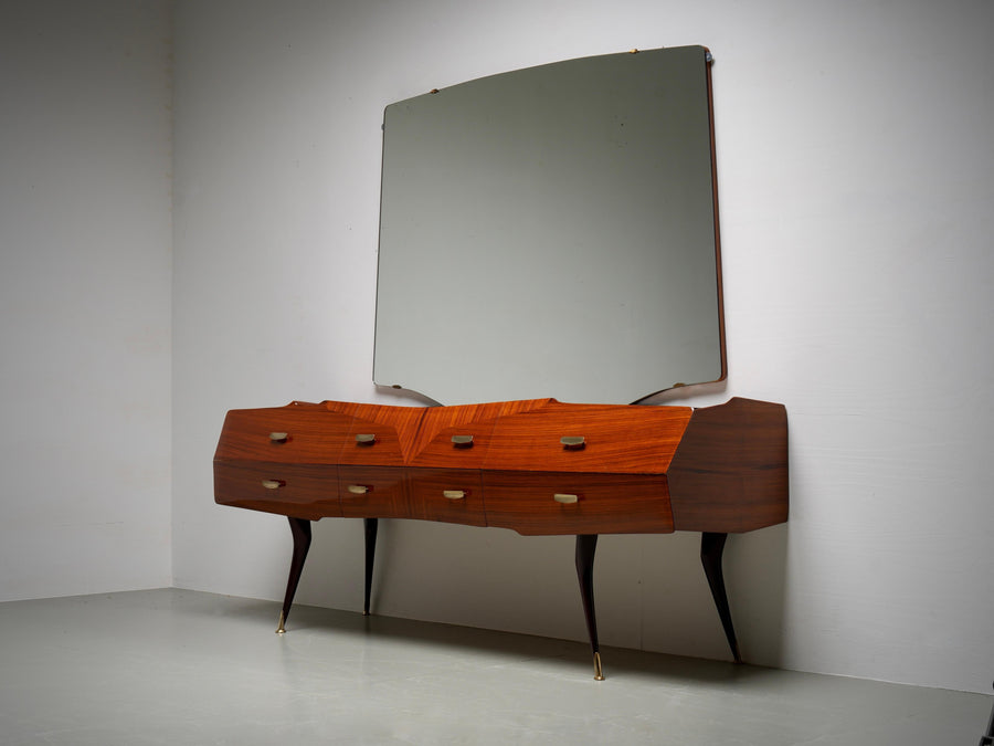 Italian Credenza with Mirror in Wood, Glass and Brass, Italy, 1960's