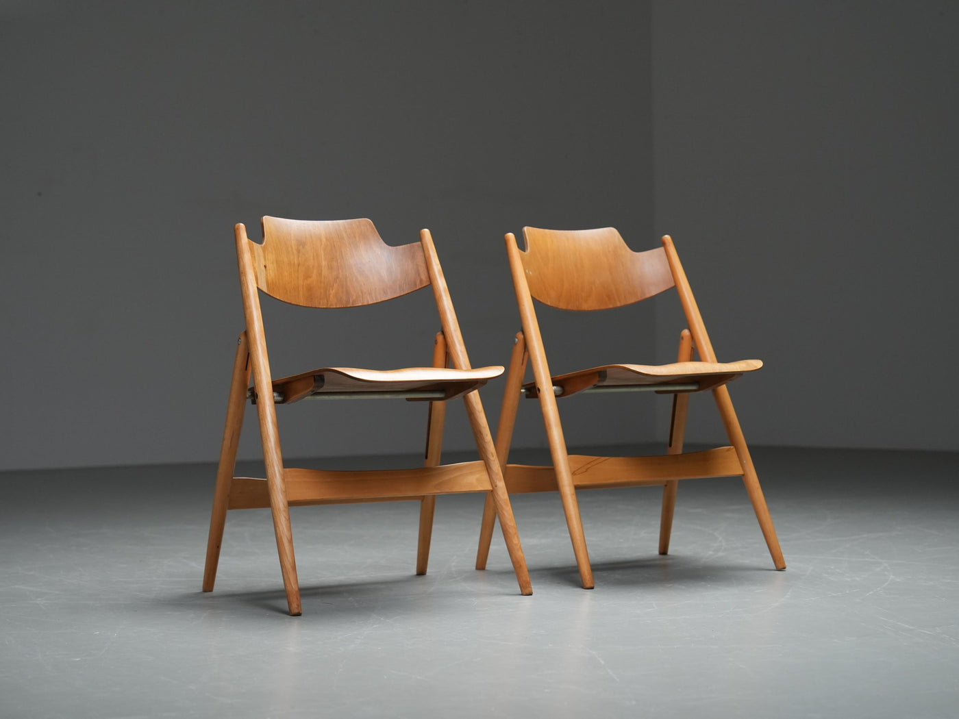 Set of 2 Egon Eiermann Folding Chairs in Beech and Metal, Germany, 1950's