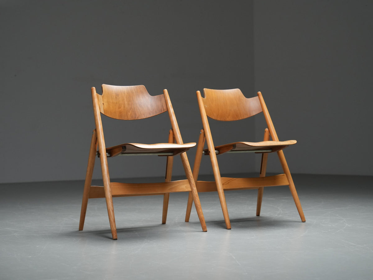 Set of 2 Egon Eiermann Folding Chairs in Beech and Metal, Germany, 1950's