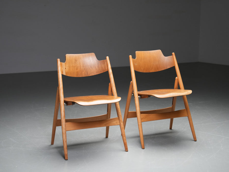 Set of 2 Egon Eiermann Folding Chairs in Beech and Metal, Germany, 1950's