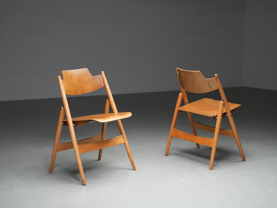 Set of 2 Egon Eiermann Folding Chairs in Beech and Metal, Germany, 1950's