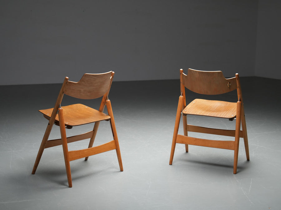 Set of 2 Egon Eiermann Folding Chairs in Beech and Metal, Germany, 1950's