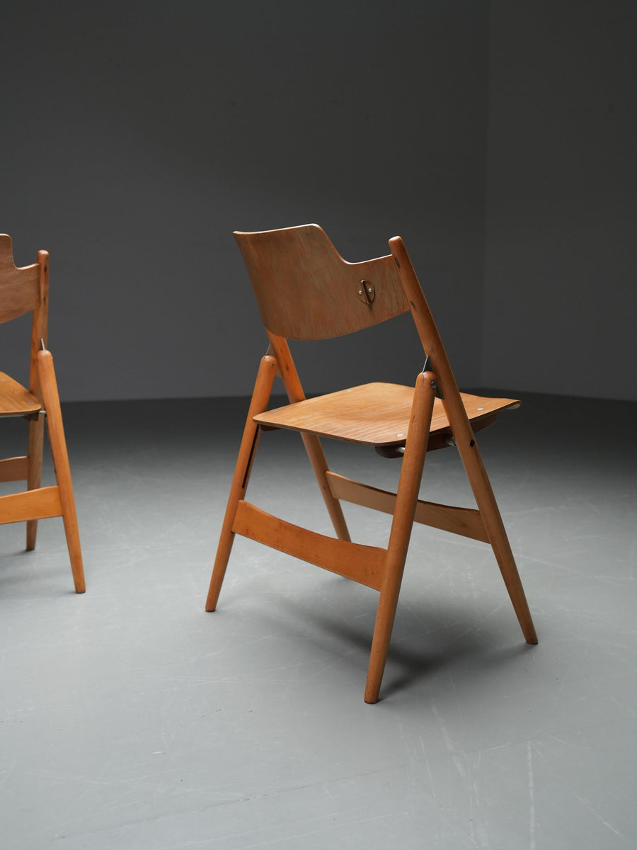 Set of 2 Egon Eiermann Folding Chairs in Beech and Metal, Germany, 1950's
