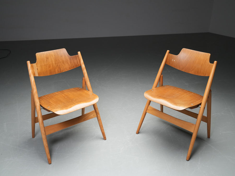 Set of 2 Egon Eiermann Folding Chairs in Beech and Metal, Germany, 1950's