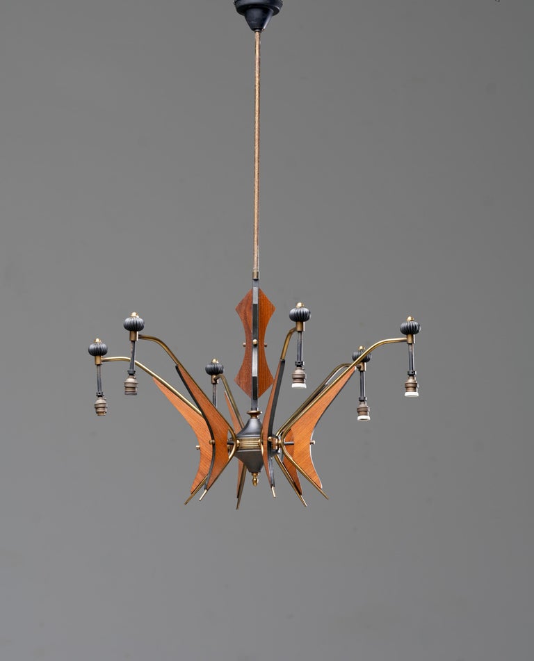 Italian Chandelier in Wood, Brass and Metal, 1950's