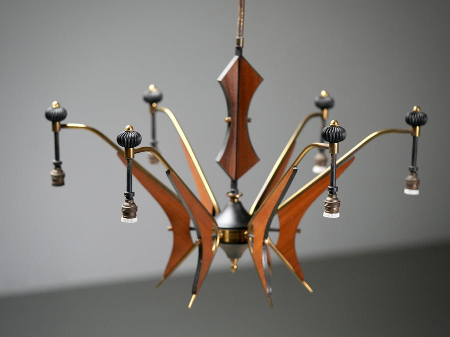 Italian Chandelier in Wood, Brass and Metal, 1950's