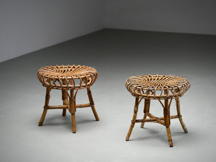 Set of 2 Franco Albini Rattan and Bamboo Round Ottoman Stools, Italy 1960s