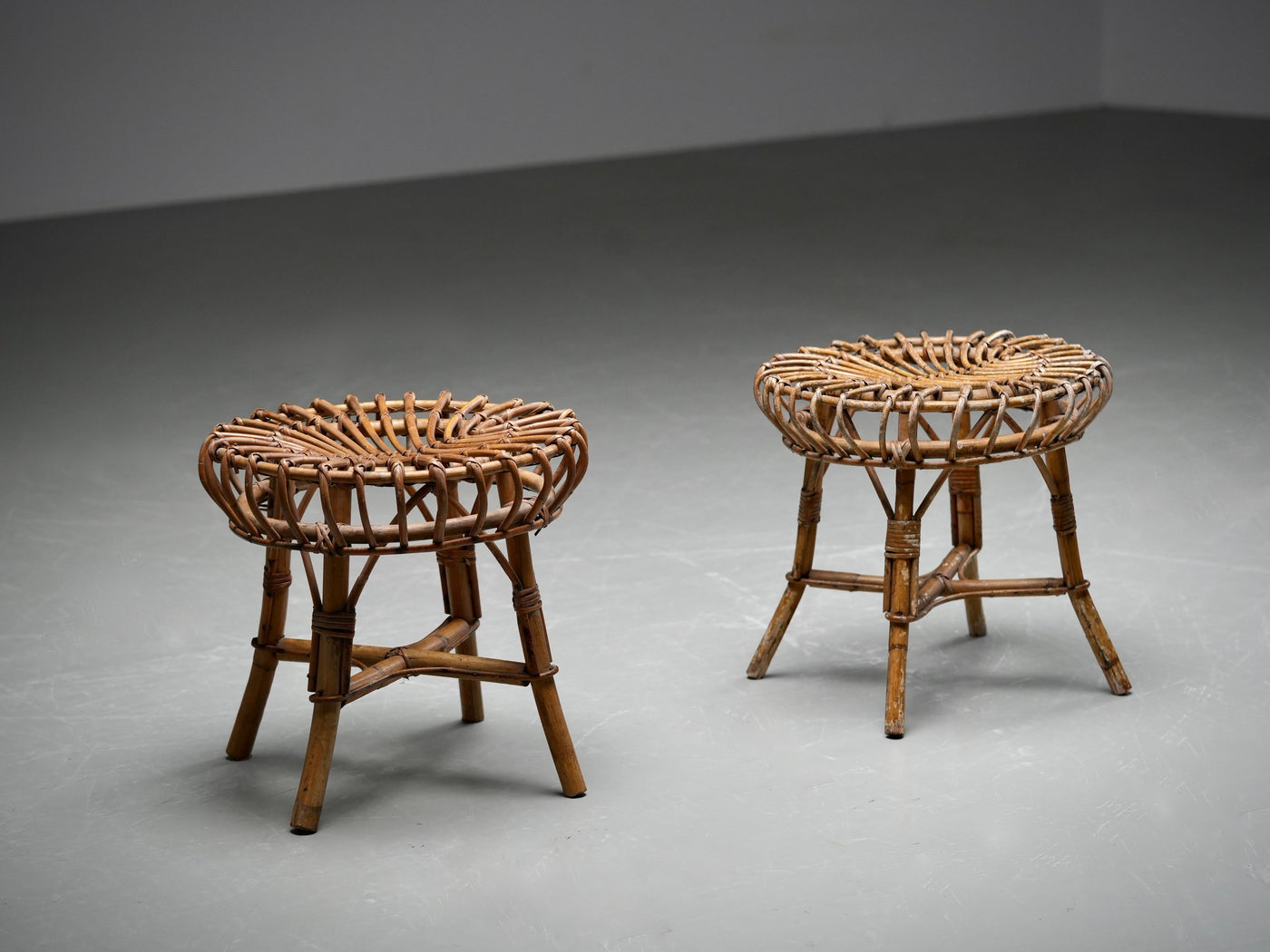 Set of 2 Franco Albini Rattan and Bamboo Round Ottoman Stools, Italy 1960s