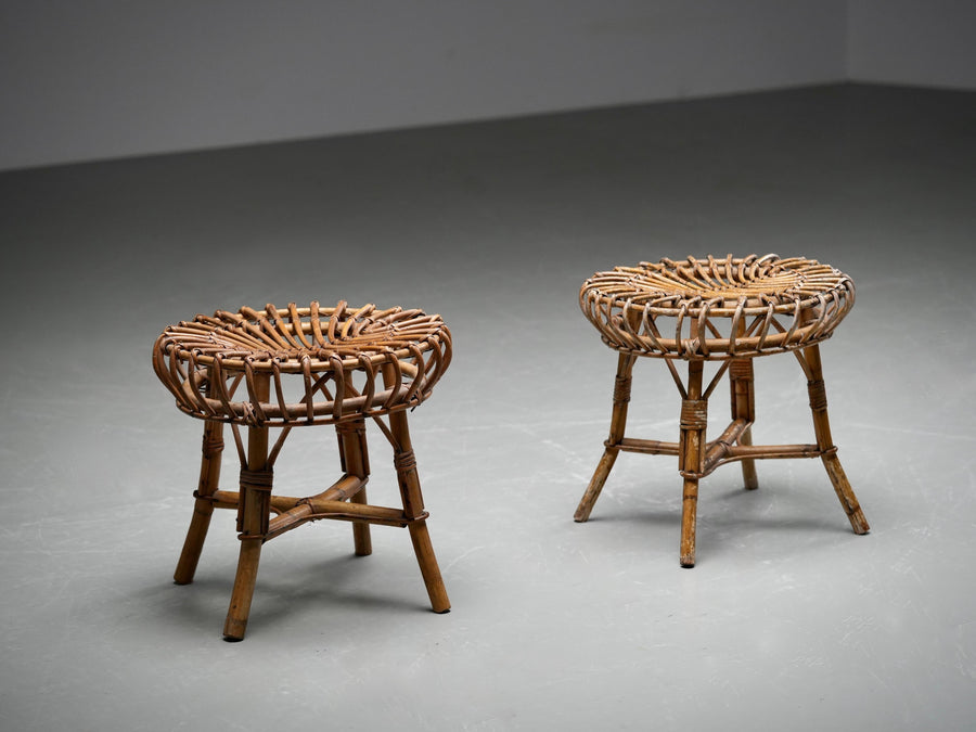 Set of 2 Franco Albini Rattan and Bamboo Round Ottoman Stools, Italy 1960s