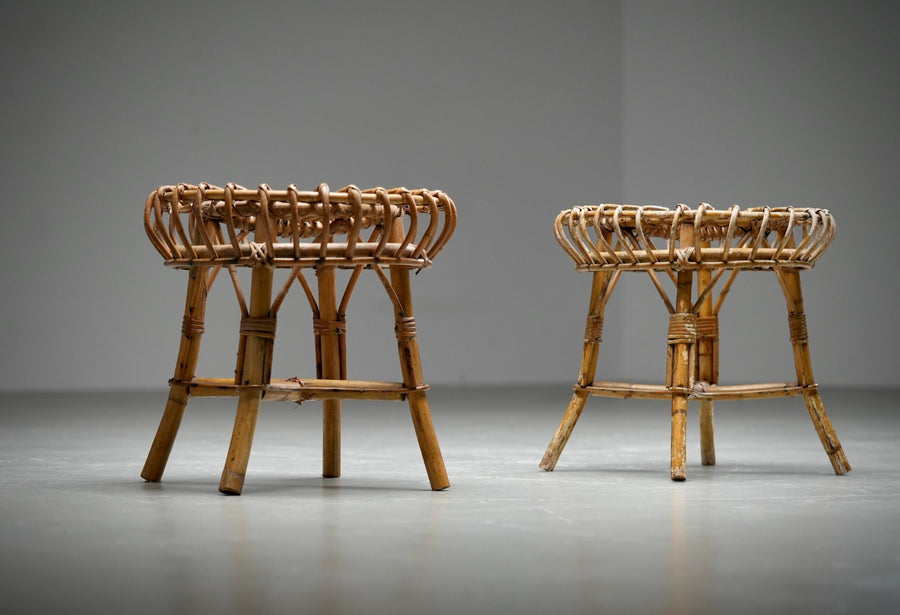 Set of 2 Franco Albini Rattan and Bamboo Round Ottoman Stools, Italy 1960s