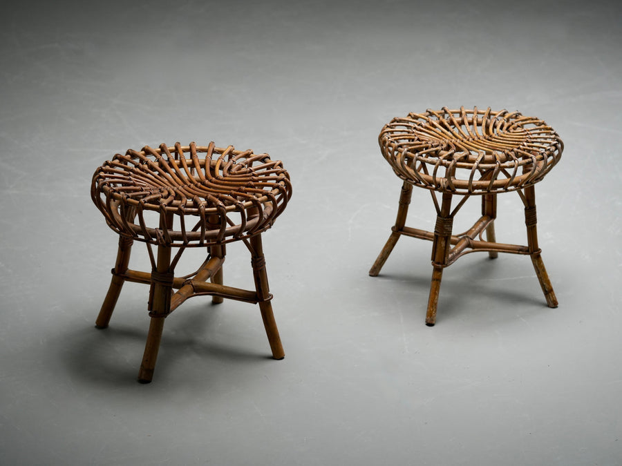 Set of 2 Franco Albini Rattan and Bamboo Round Ottoman Stools, Italy 1960s