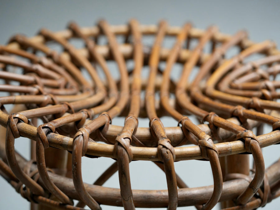 Set of 2 Franco Albini Rattan and Bamboo Round Ottoman Stools, Italy 1960s