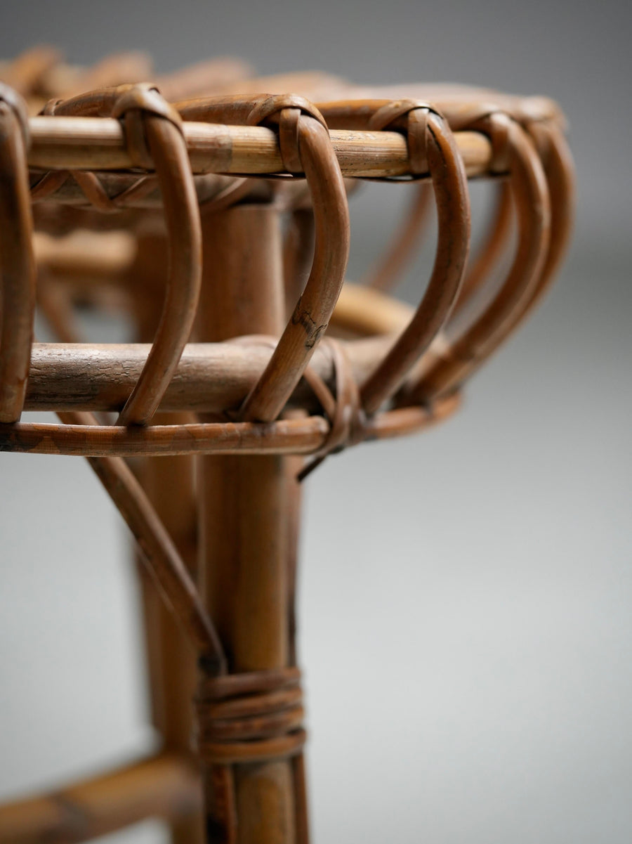 Set of 2 Franco Albini Rattan and Bamboo Round Ottoman Stools, Italy 1960s