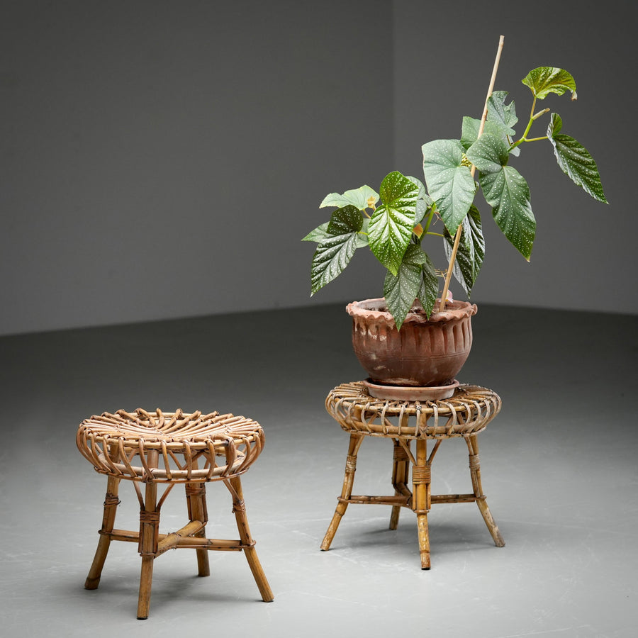 Set of 2 Franco Albini Rattan and Bamboo Round Ottoman Stools, Italy 1960s