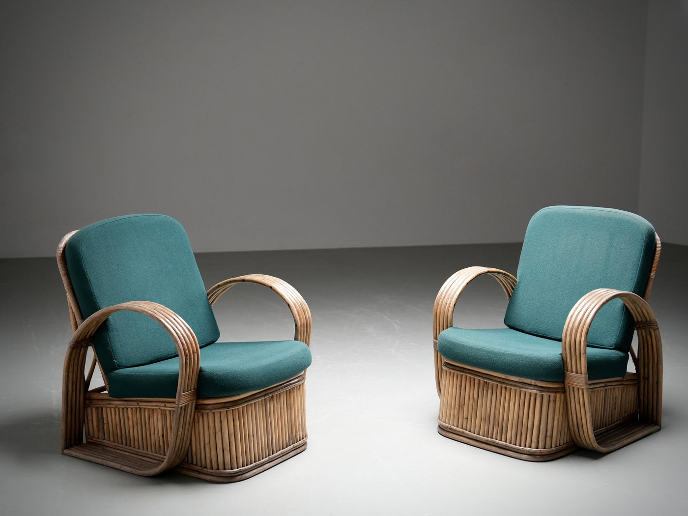 Set of Two Rattan Lounge Chairs, in Green Wool, Italy, 1970's
