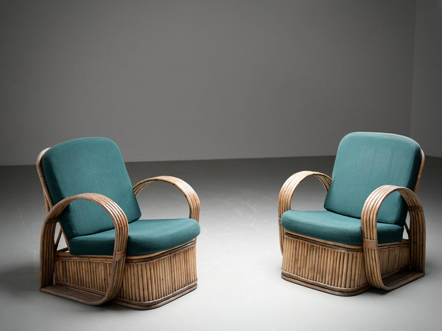 Set of Two Rattan Lounge Chairs, in Green Wool, Italy, 1970's