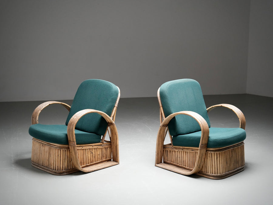 Set of Two Rattan Lounge Chairs, in Green Wool, Italy, 1970's