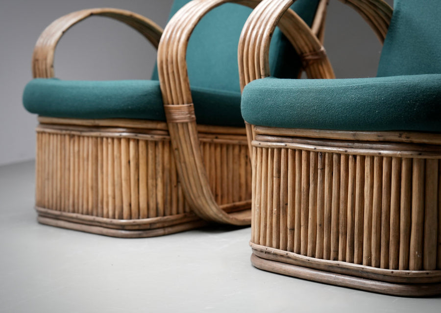Set of Two Rattan Lounge Chairs, in Green Wool, Italy, 1970's