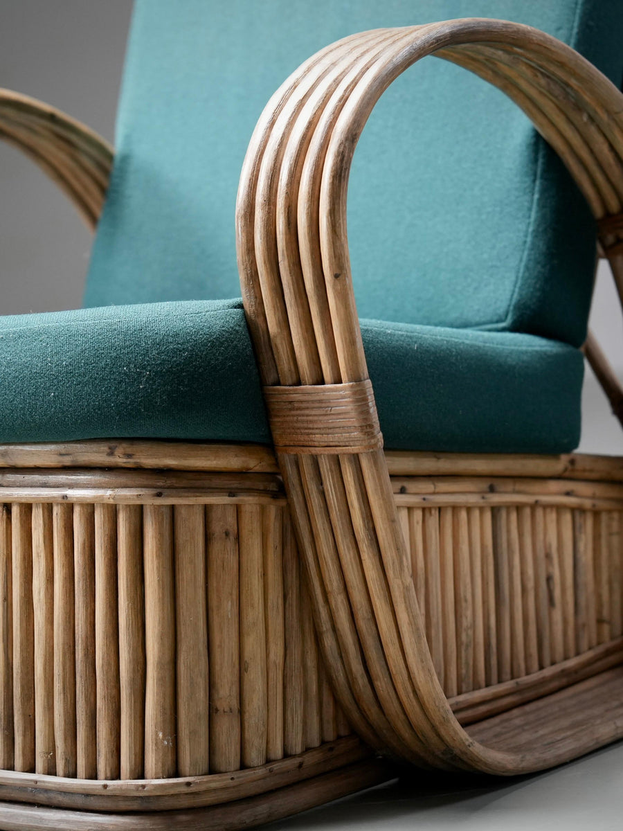 Set of Two Rattan Lounge Chairs, in Green Wool, Italy, 1970's
