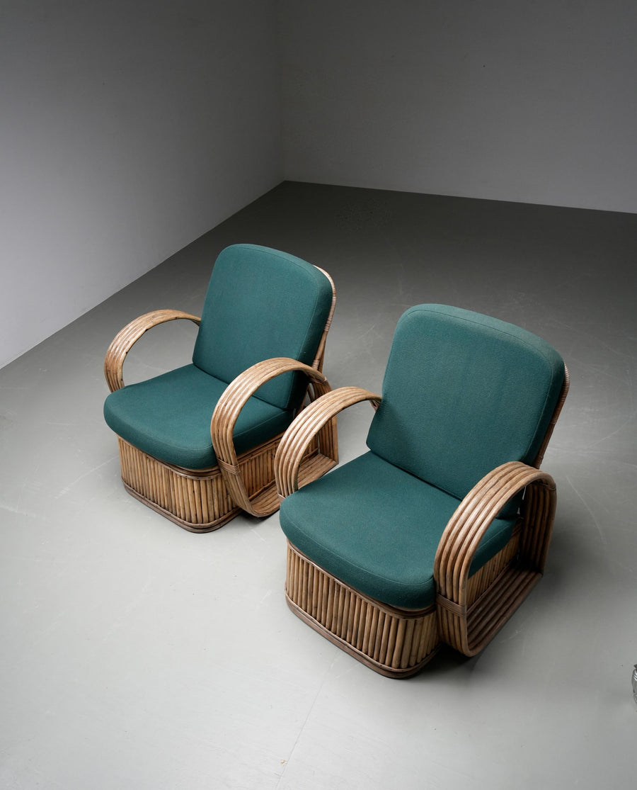 Set of Two Rattan Lounge Chairs, in Green Wool, Italy, 1970's