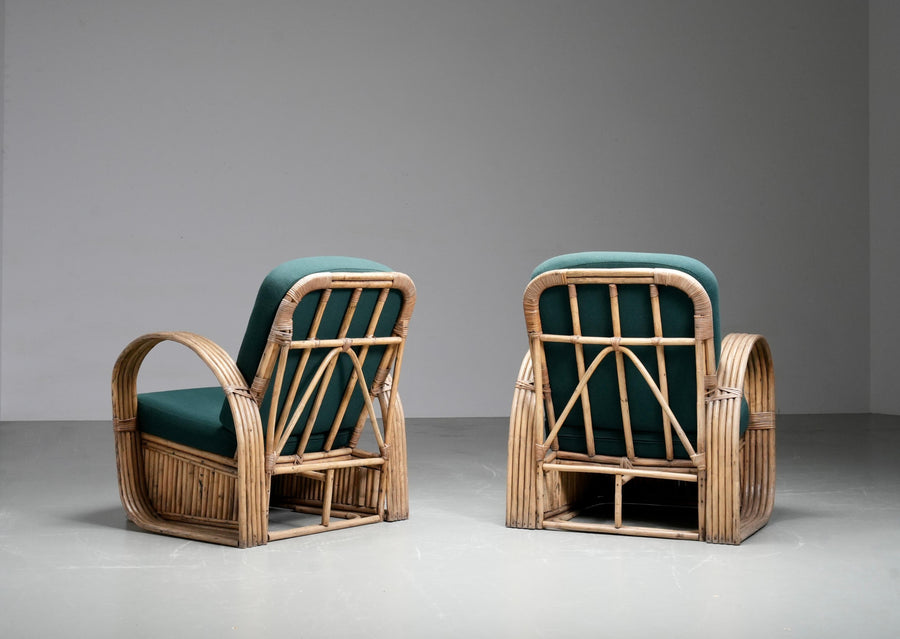 Set of Two Rattan Lounge Chairs, in Green Wool, Italy, 1970's