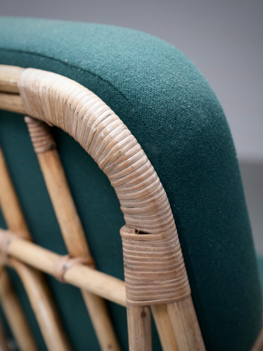 Set of Two Rattan Lounge Chairs, in Green Wool, Italy, 1970's