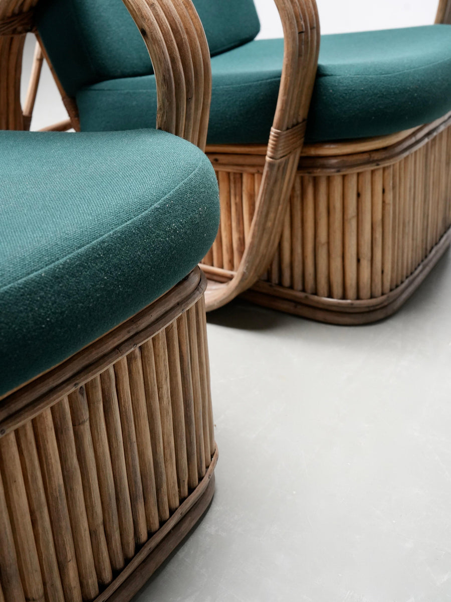 Set of Two Rattan Lounge Chairs, in Green Wool, Italy, 1970's