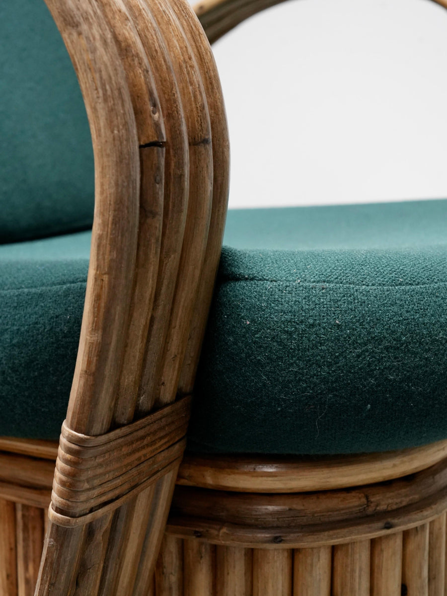 Set of Two Rattan Lounge Chairs, in Green Wool, Italy, 1970's
