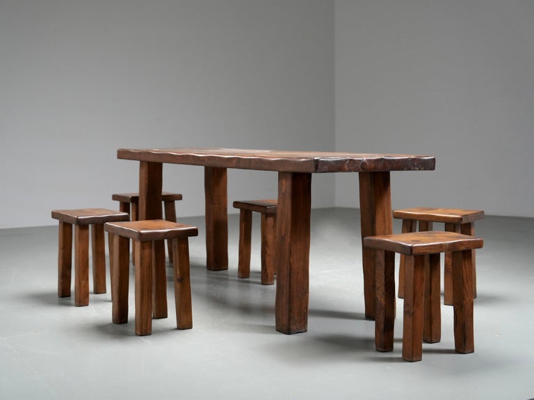Brutalist Dining Room Set in Solid Pine including 6 Stools, France, 1970's