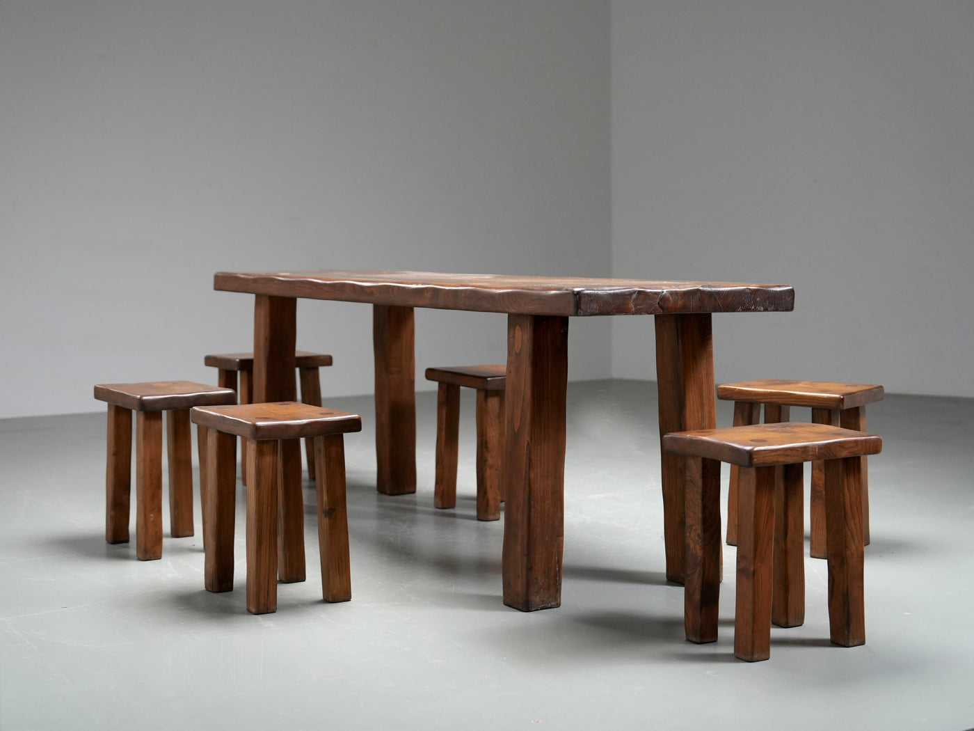 Brutalist Dining Room Set in Solid Pine including 6 Stools, France, 1970's