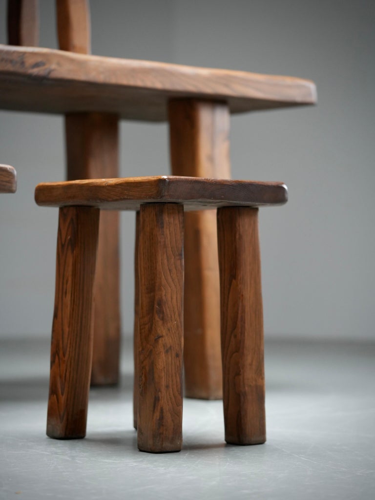 Brutalist Dining Room Set in Solid Pine including 6 Stools, France, 1970's