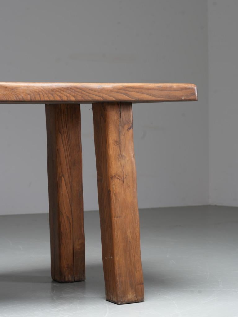Brutalist Dining Room Set in Solid Pine including 6 Stools, France, 1970's