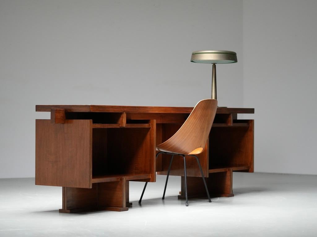 Italian Modernist Walnut and Brass Writing Desk, 1950s