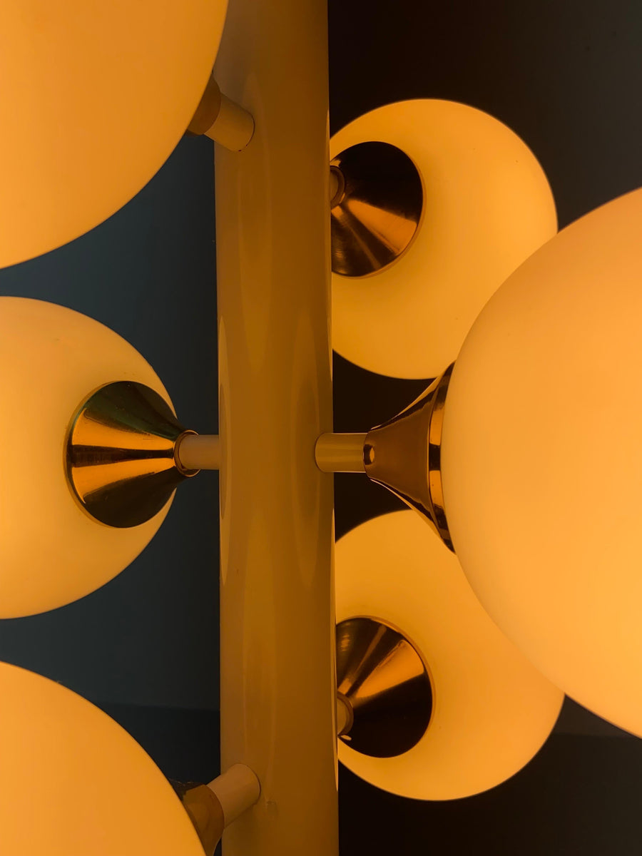 Kaiser Leuchten Sputnik in Brass and Metal with 6 Opaline Bulbs, Germany, 1970's