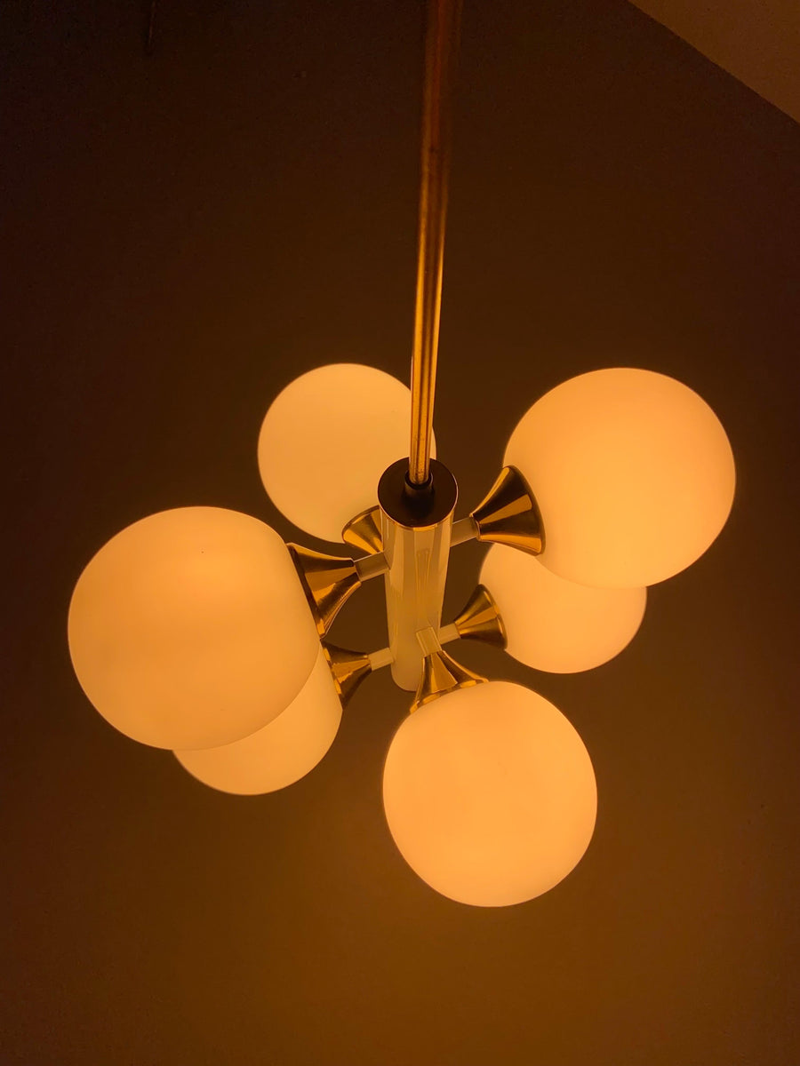 Kaiser Leuchten Sputnik in Brass and Metal with 6 Opaline Bulbs, Germany, 1970's