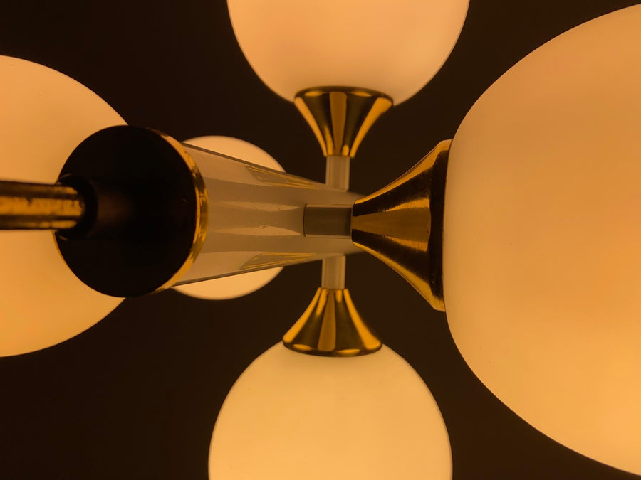 Kaiser Leuchten Sputnik in Brass and Metal with 6 Opaline Bulbs, Germany, 1970's