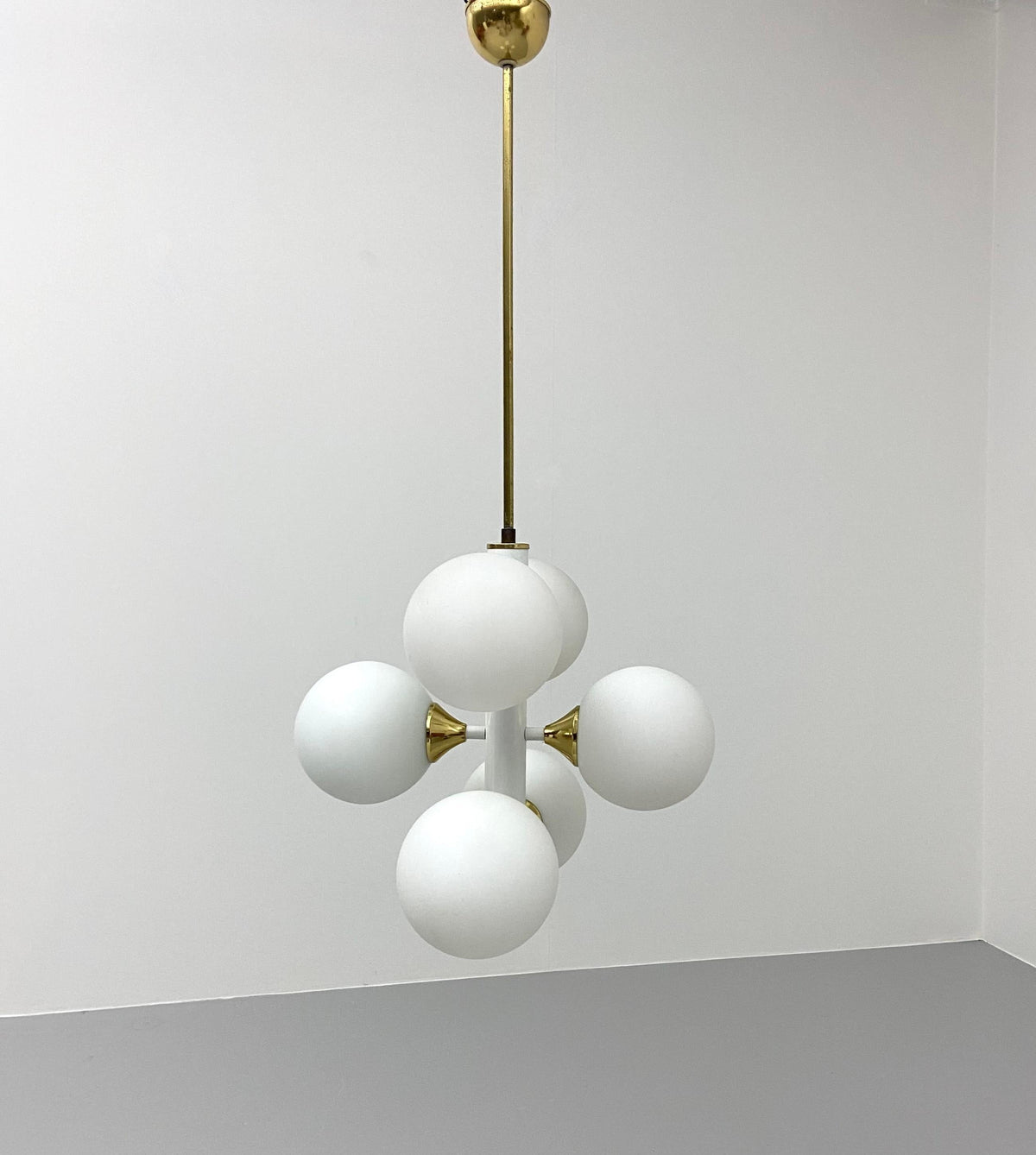 Kaiser Leuchten Sputnik in Brass and Metal with 6 Opaline Bulbs, Germany, 1970's