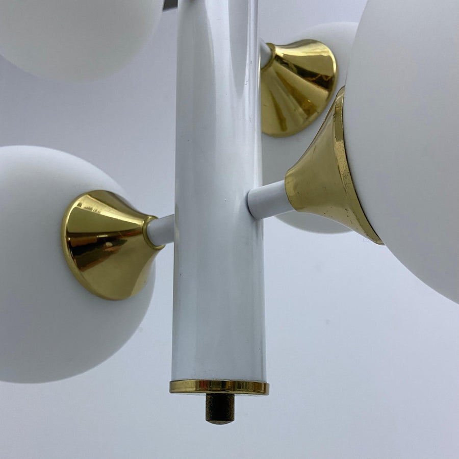 Kaiser Leuchten Sputnik in Brass and Metal with 6 Opaline Bulbs, Germany, 1970's