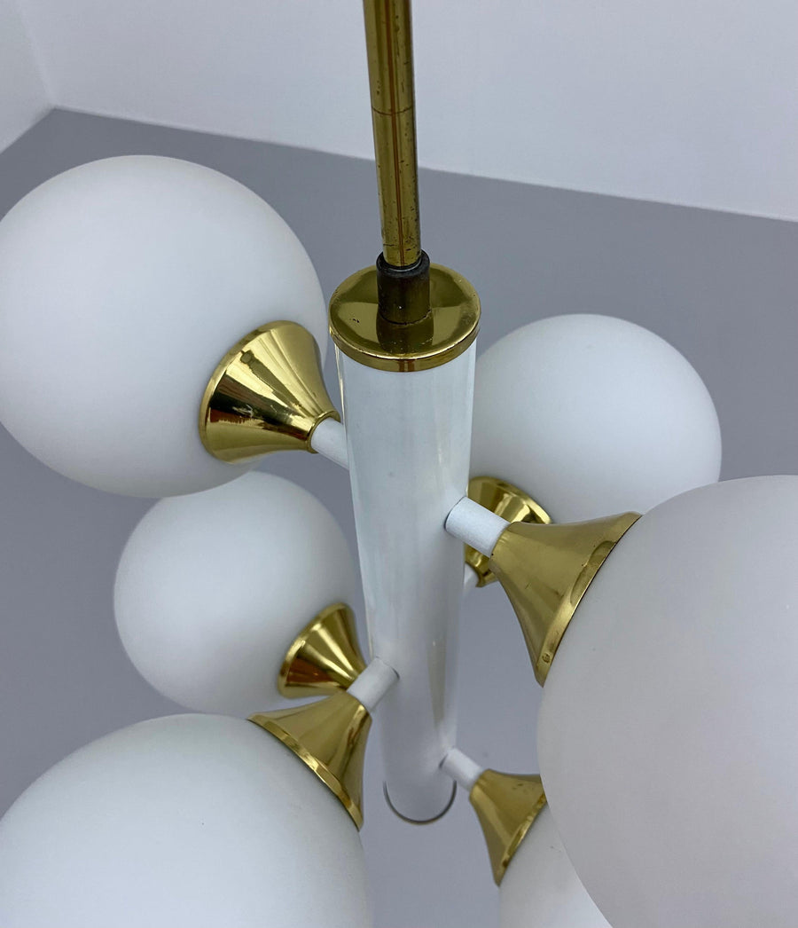 Kaiser Leuchten Sputnik in Brass and Metal with 6 Opaline Bulbs, Germany, 1970's