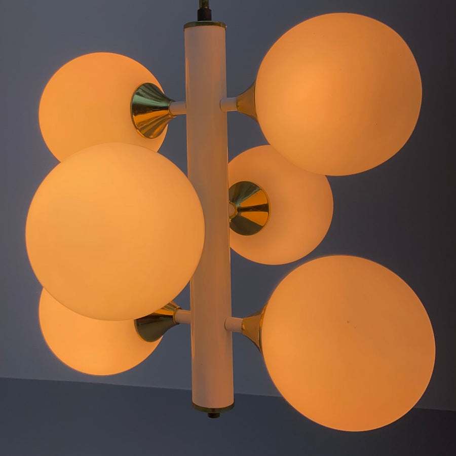 Kaiser Leuchten Sputnik in Brass and Metal with 6 Opaline Bulbs, Germany, 1970's