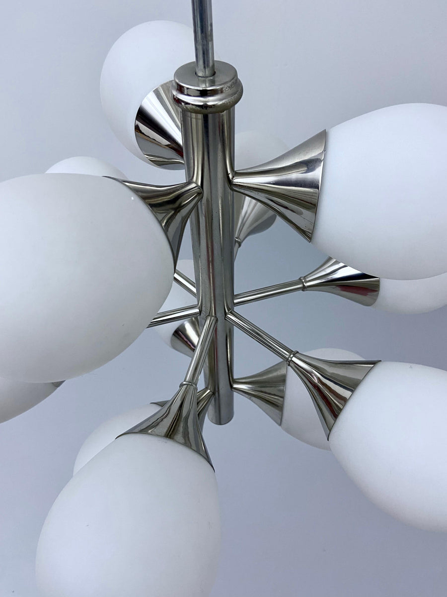 Sputnik in Metal and 12 White Opaline Teardrops by Kaiser Leuchten, 1960's