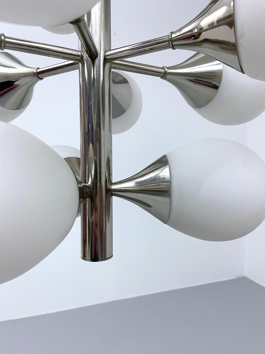 Sputnik in Metal and 12 White Opaline Teardrops by Kaiser Leuchten, 1960's