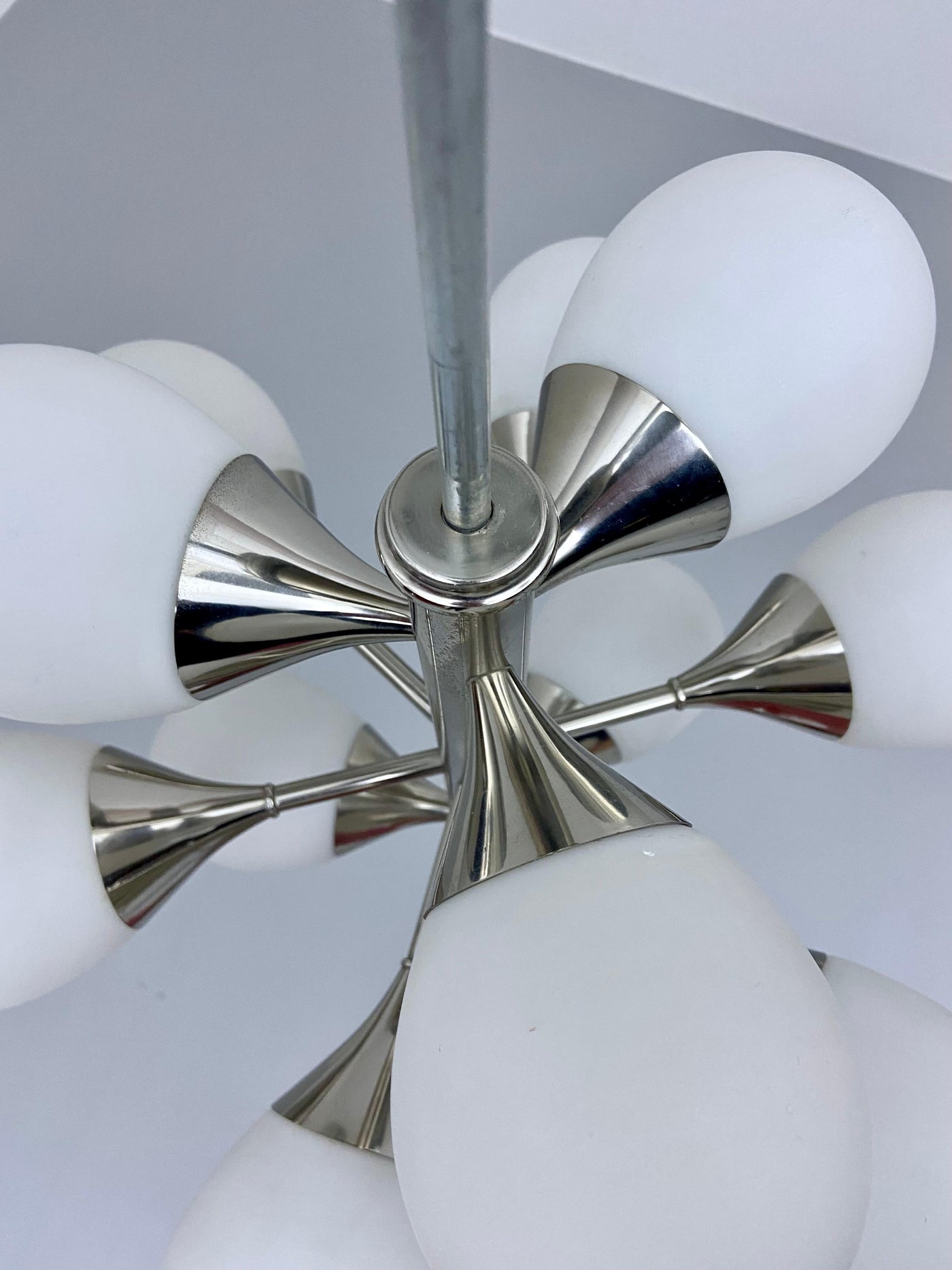 Sputnik in Metal and 12 White Opaline Teardrops by Kaiser Leuchten, 1960's