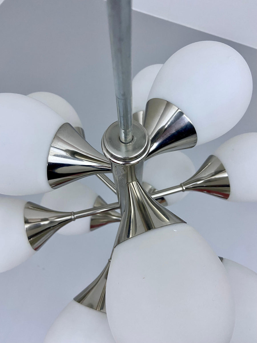 Sputnik in Metal and 12 White Opaline Teardrops by Kaiser Leuchten, 1960's